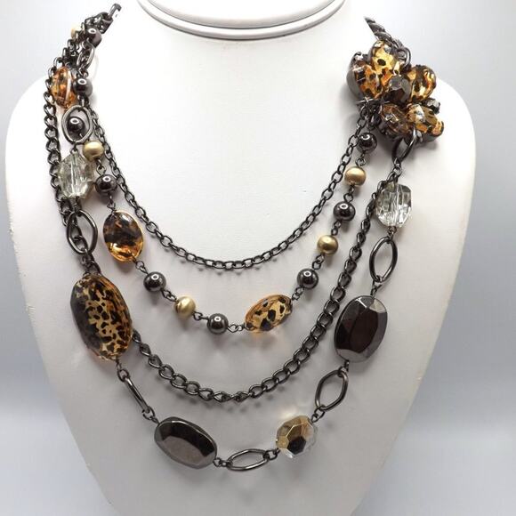 New York & Co. Multistrand Necklace, Animal Print Beads Side Floral Pendant, 20" - Picture 4 of 11